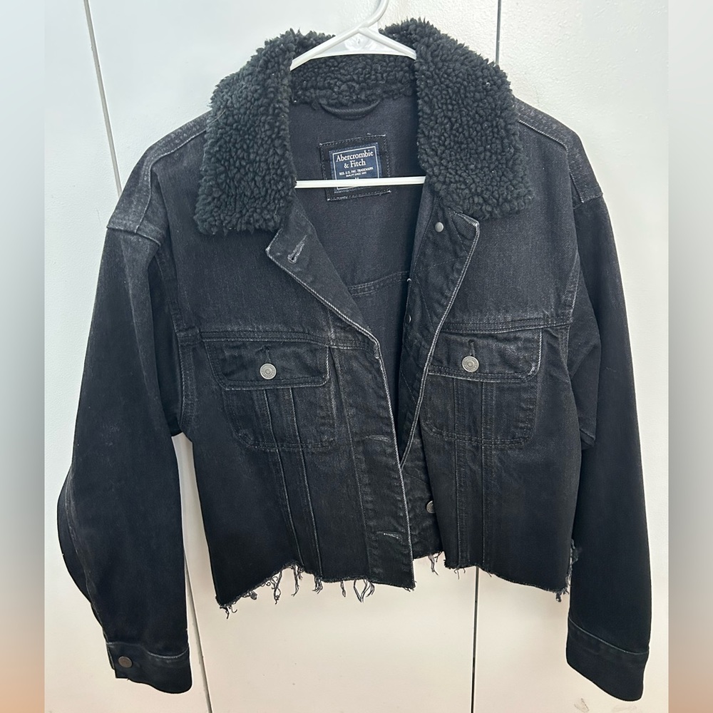 Abercrombie black denim jacket with sherpa collar
